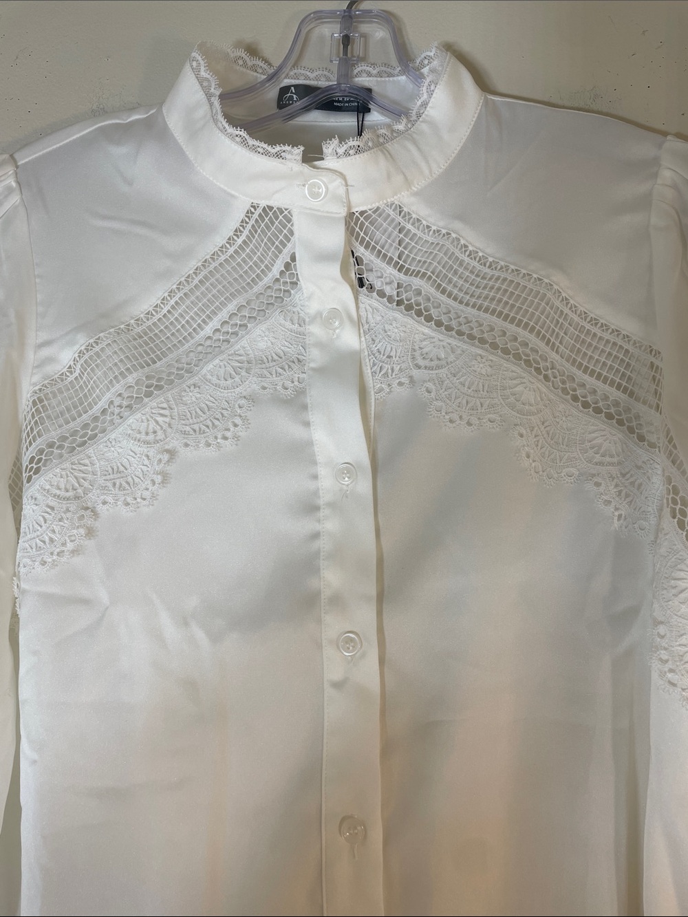 ANEWSTA White Lace-Detailed Button-Down Tie-Back Blouse. 6. NWT. - Picture 3 of 10